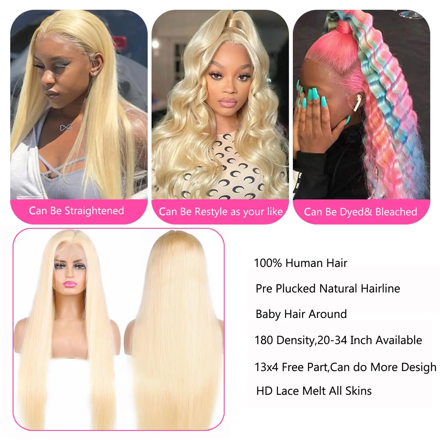 Perruque Lace Front Wig naturelle lisse blond 613, cheveux humains, 13x6, 13x4, 30 pouces, bon marché, en solde, pour femmes