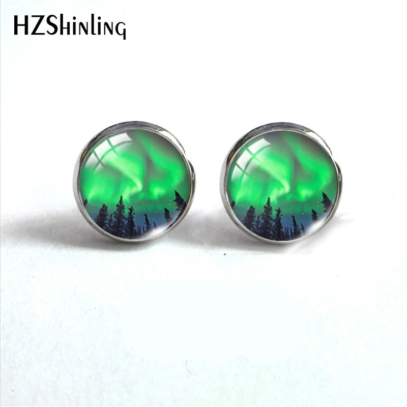 Green Northern Lights Earrings Northern Light Jewelry Light Aurora Handcraft Glass Dome Stainless Steel Stud Earrings Jewelry