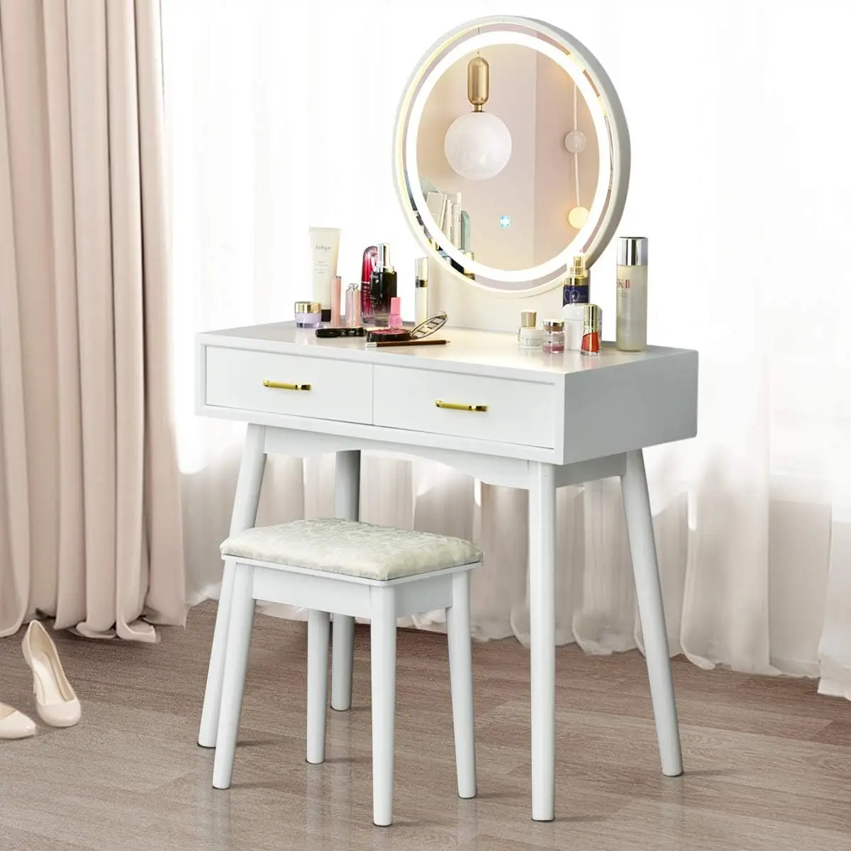 CHARMAID Vanity Set with Touch Screen Dimming Lighted Mirror, 3 Color Lighting Modes, Modern Bedroom Makeup Dressing Table with