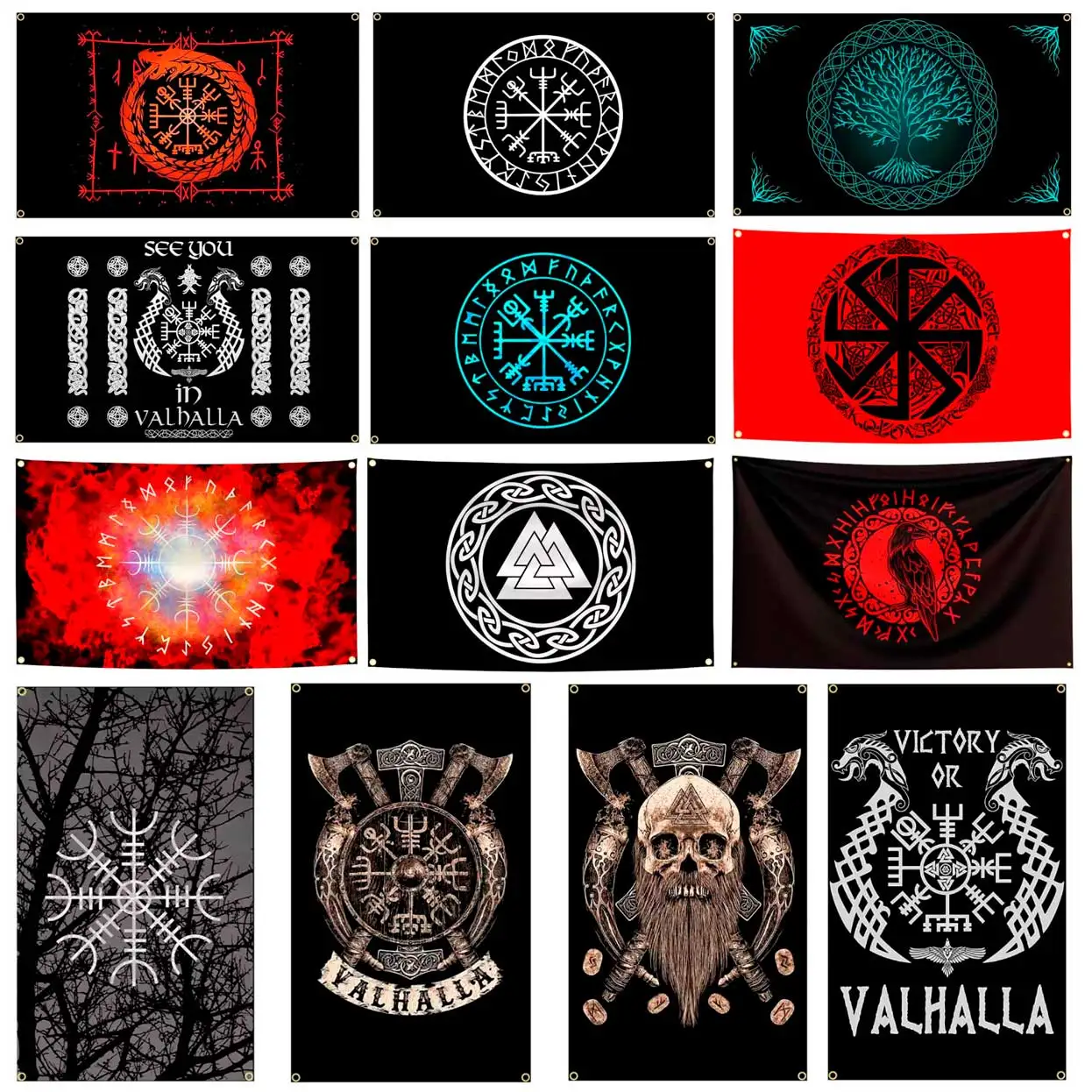 60x90cm/90x150cm Wikinger-Nordische Flagge, Wikinger-Hammer von Thor Wandteppich, Wikinger-Mystisches Symbol-Banner für Heim- und Außendekoration