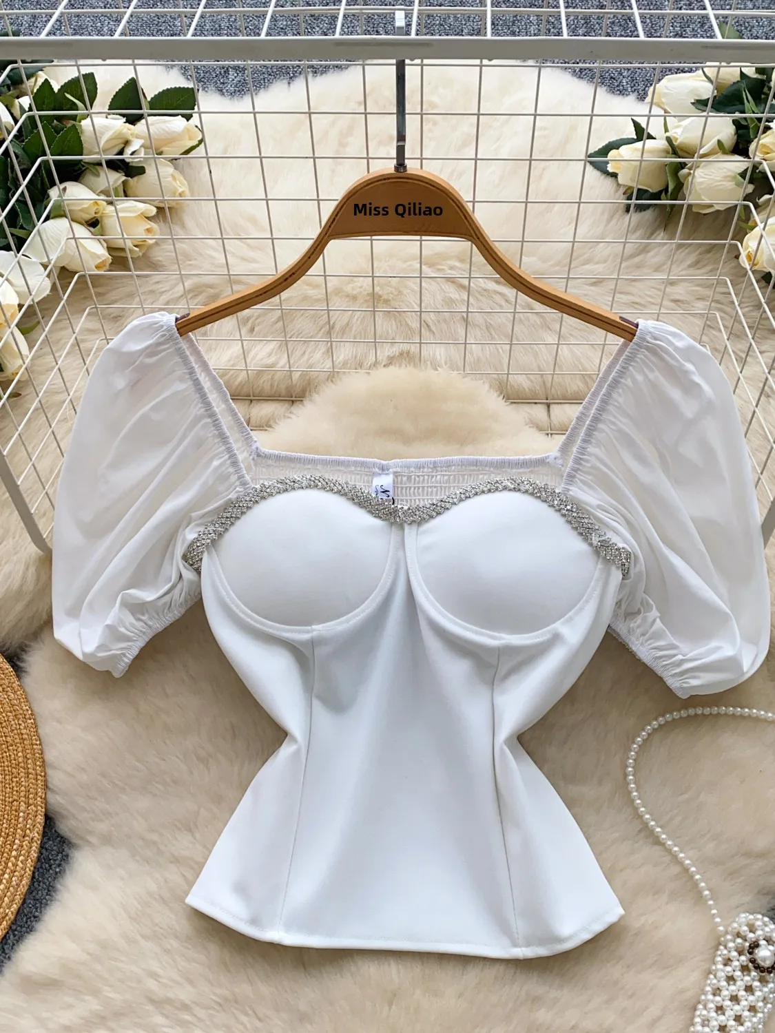 Diamond Embedded Bubble Sleeve Shirt Collared T-Shirt Women Summer Slimming Age-defying High-end Fashion Korean Style