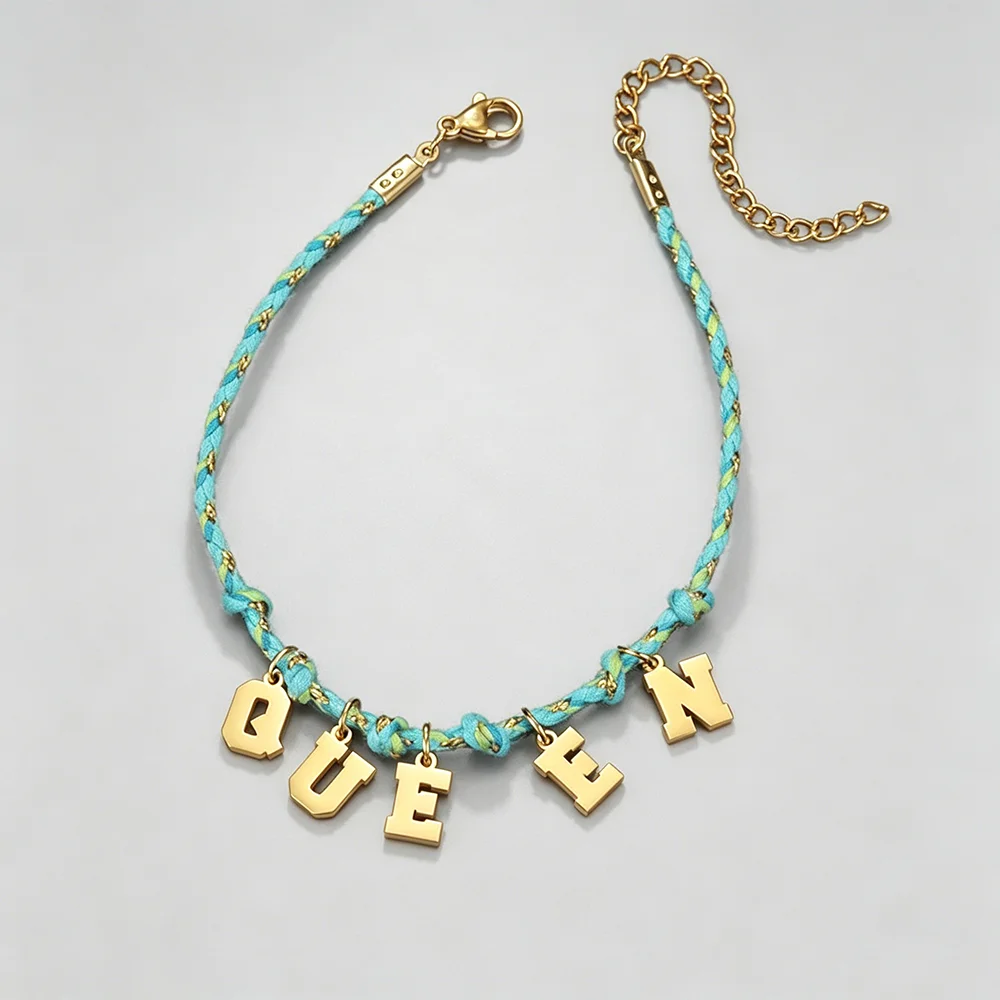 

Custom-Made Women's Braided Anklet: A colorful braided anklet with a stainless steel letter charm, perfect for summer wear