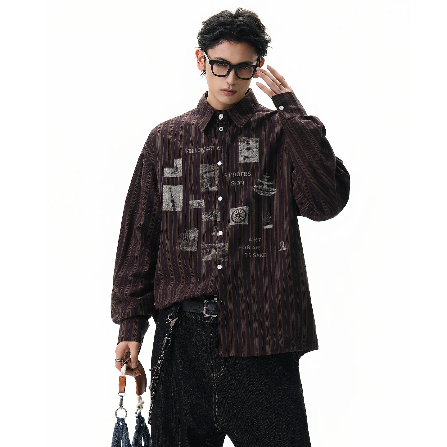 2025 Spring and Autumn Street Style Striped Print Coffee Color Long Sleeve Shirt Men's American Casual Loose Apricot Shirt