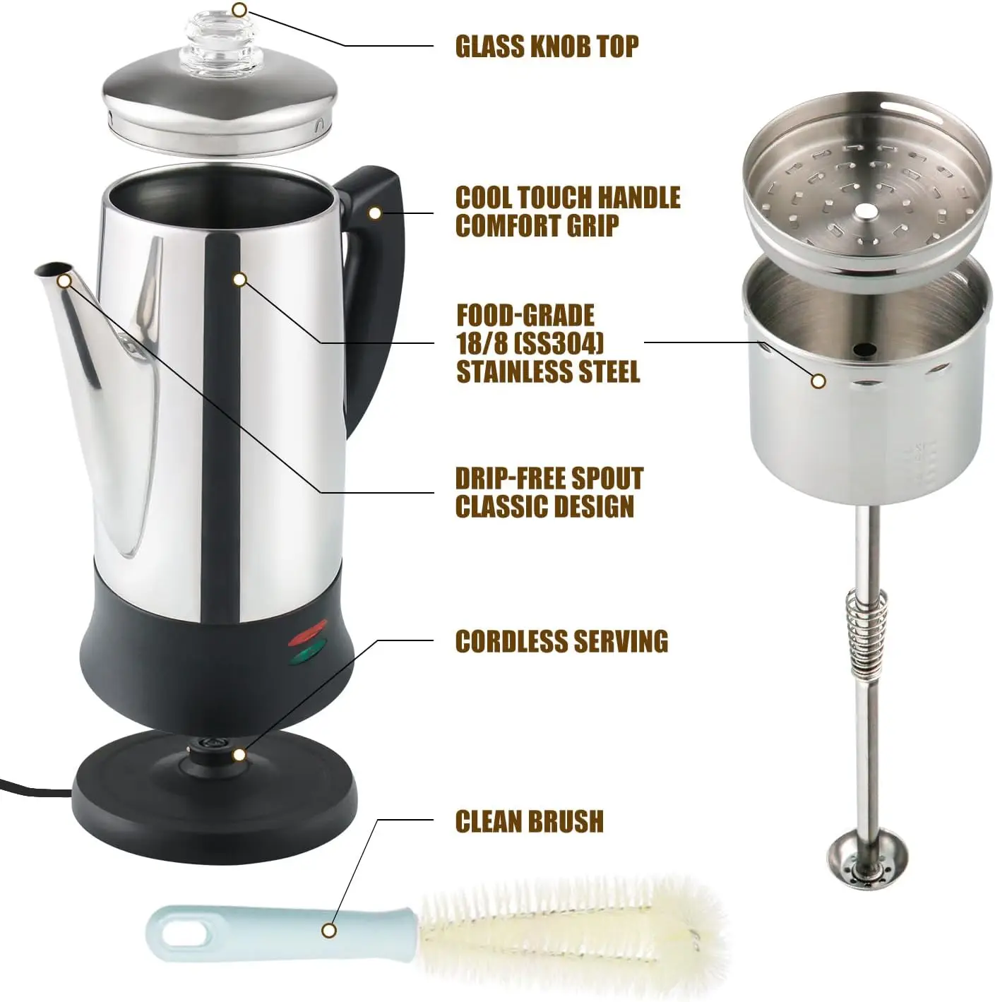 Cafeteira de aço inoxidável com vidro borosilicato temperado resistente ao calor, coador de café, ETL Aprovado, 12 Cup