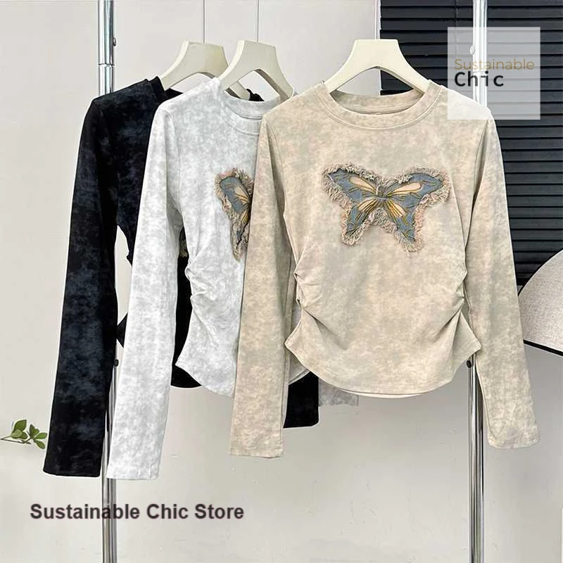 

French round neck butterfly tie-dyed long-sleeved T-shirt women's spring and autumn new fashion slim and slim design casual top