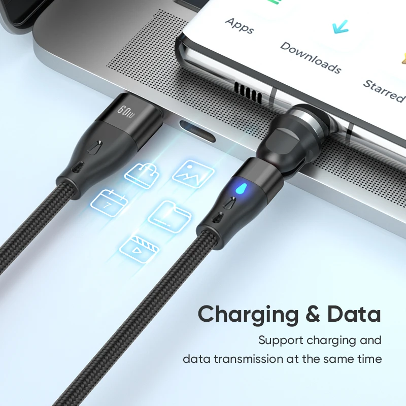 60W Fast Charging Cable 540 Degrees Rotate Magnetic Cable 2 in1 Micro USB Type C Cable Mobile Phone Wire Cord For Huawei Xiaomi