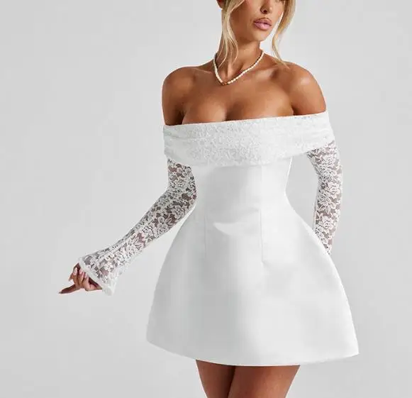 

Summer New Women's One Shoulder Strapless Long Sleeve Sexy Slim Lace A-Line Dress Female Fashion Sweet High Waist Party Dresses
