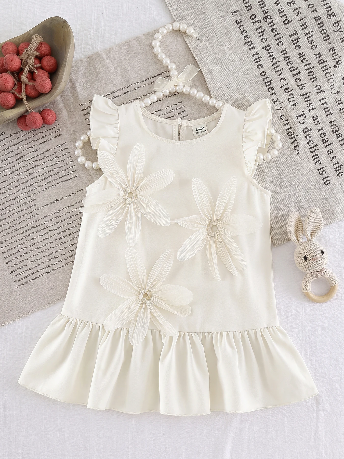 Baby Girl Summer Sleeveless Dress 3D Floral Decor Ruffle Hem A‑Line Dress