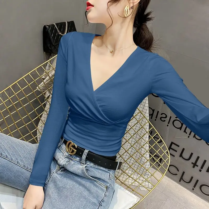 여성 브이넥 긴팔 반팔 티셔츠, 슬림핏 슬림핏, 얇고 코디하기 쉬운 단색, 용수철 가을 패션, 2023 신상