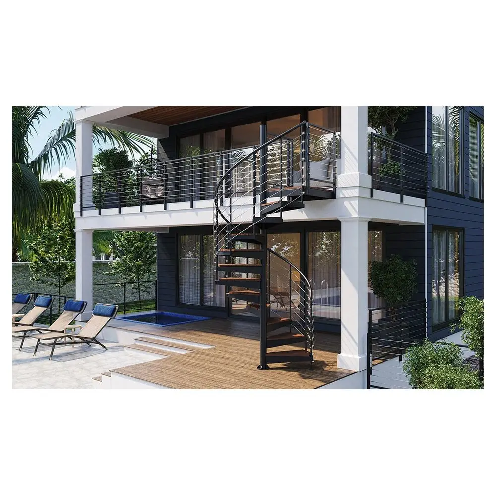 درج داخلي حديث من الفولاذ المقاوم للصدأ مع درابزين زجاجي خشبي، تصميم داخلي حلزوني متين للفيلات بأحجام قياسية #6