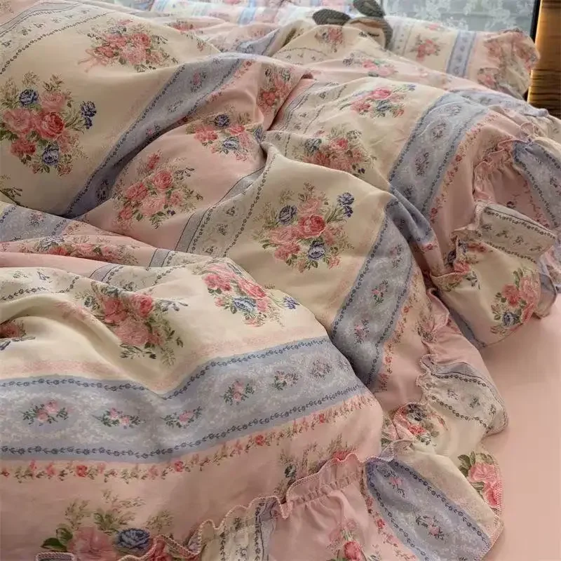 Korean Style Princess Floral Bedding Set Washed Cotton Vintage French Pastoral Flowers Lace ruffles Duvet Cover Set Pillowcase
