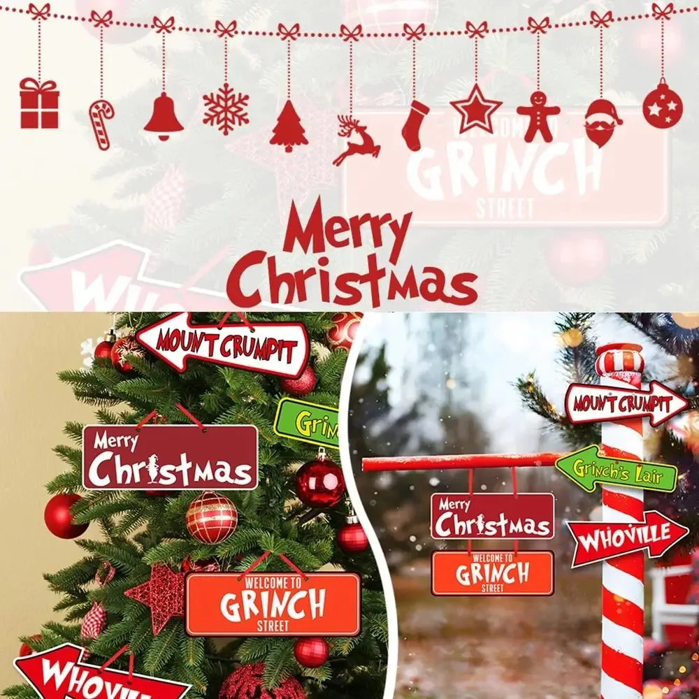 10/20pcs Grinchs Christmas Tree Pendants Road Sign Double-Side Xmas Hanging Ornaments Paper Card Xmas Party Decor