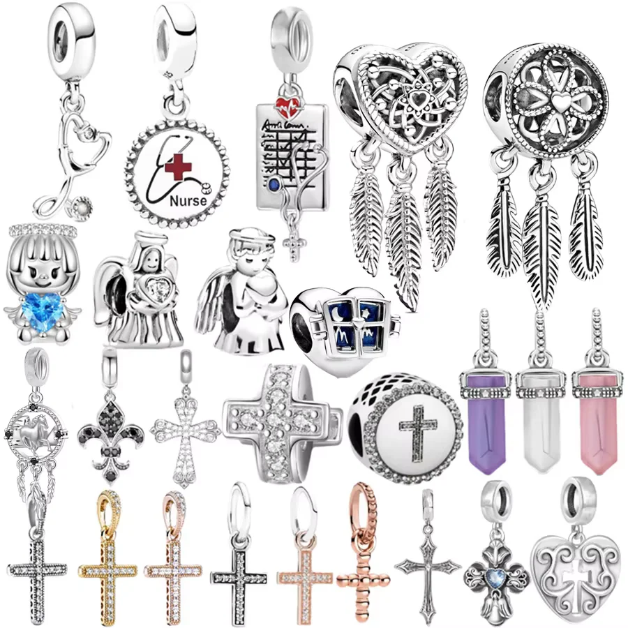 Hot Sale Pendant Nurse Stethoscope Amulet Cross Charms Beads Fit Original 925 Sterling Silver Bracelet/Necklace DIY Jewelry Gift