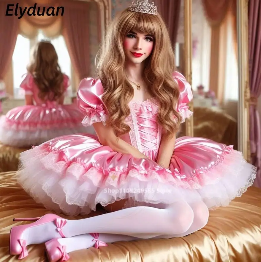 Maßgeschneidertes Sissy Cosplay Kostüm Mini Kurzes Ballkleid Glänzendes Rüschenkleid in Pink Cocktailparty Abendkleider