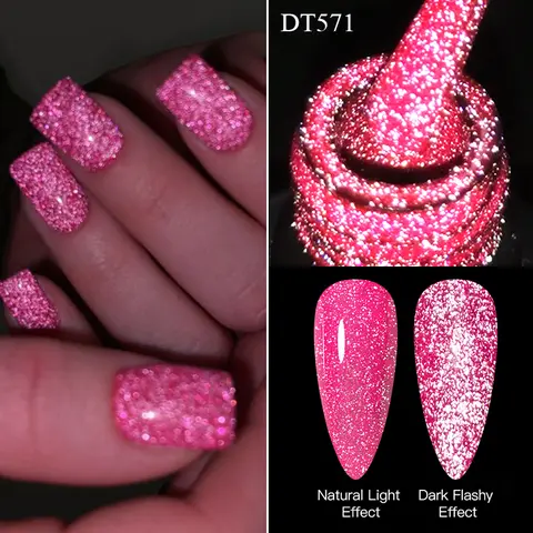 MEET ACROSS 7ml Pink Fluorescent Reflective Gel Nail Polish Glitter Neon Semi Permanent UV LED Gel Nail Art Varnish Manicure