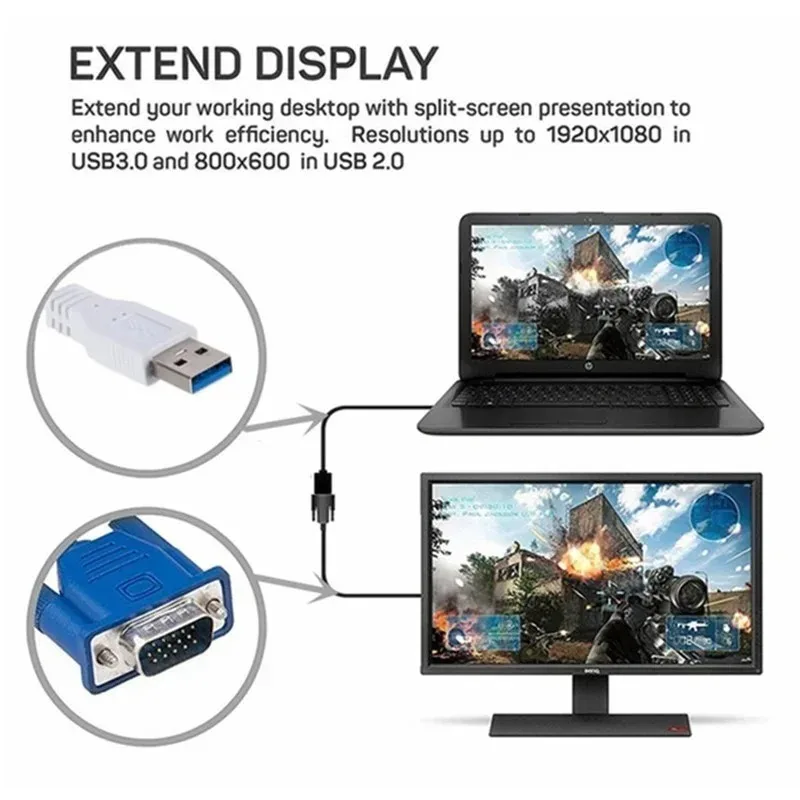 GRWIBEOU 1080P USB To VGA Converter USB 3.0 to VGA Video Display External Adapter Card for PC Desktop Laptop Monitor Projector