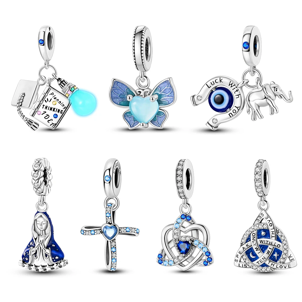 Silver Plated Blue Summer Charms Fit Original Pandora Bracelet Turtle Cross Beads Pendant Dangle DIY Women Jewelry Making Gift