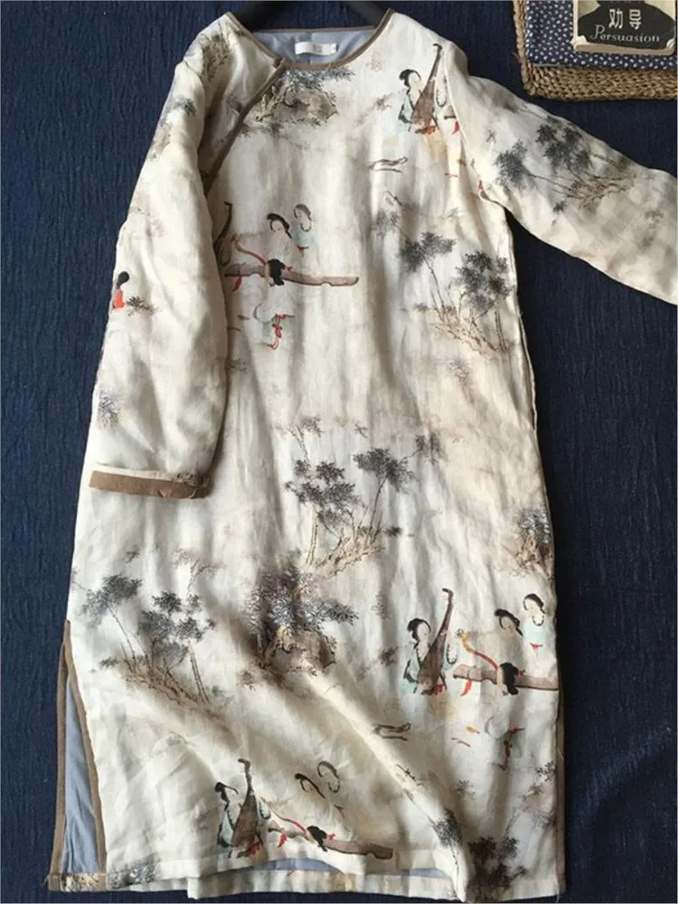 Letnia sukienka w stylu chińskim z bawełny i lnu, cheongsam, podróżna, artystyczna, w kropki, luźna, o kroju litery A, o średniej długości, dla kobiet, ulepszona luźna qipao. — zdjęcie 2