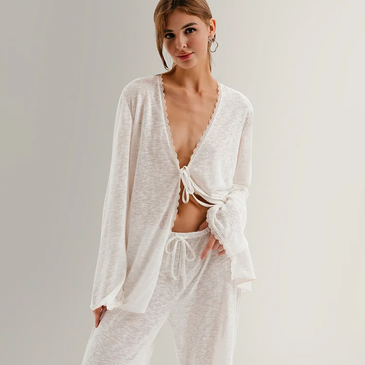 Women's Summer Pajama Set Thin Strap Long Sleeve Knitted Sweater Slightly Sheer Cool Casual Loungewear L Size Two Pieces Cozy