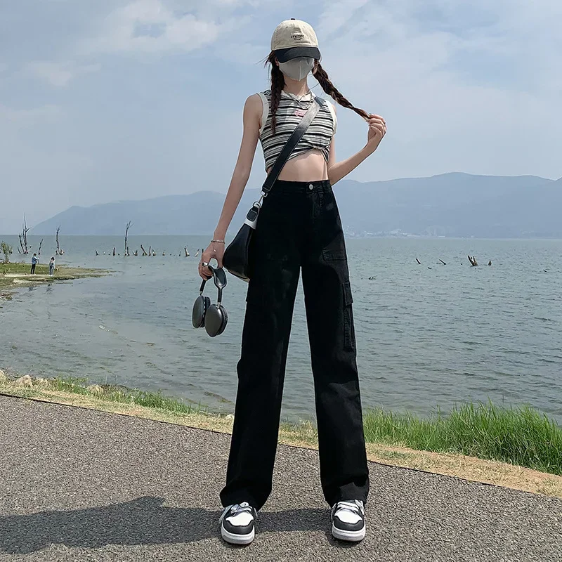 Summer Straight Trousers Overalls 2024 Women Cargo American Wide Leg Casual Pants High Waist Loose Slim Narrow Version Fashion