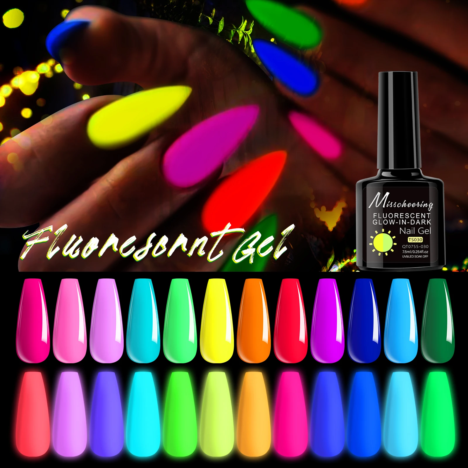 Misscheering12 Colors Fluorescent Glow in Dark Nail Gel Polish Neon Luminous UV LED Soak Off Gel Nail Varnish Long Lasting Matte