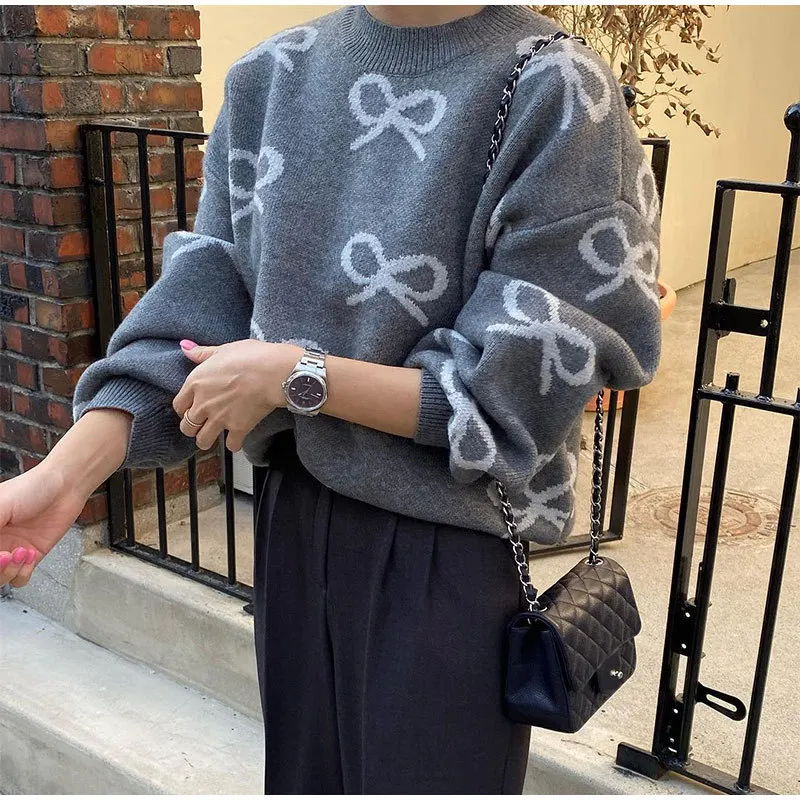 

Осень-зима 2025 года, жаккардовый свитер с круглым вырезом и длинными рукавами, модный, свободный и повседневный