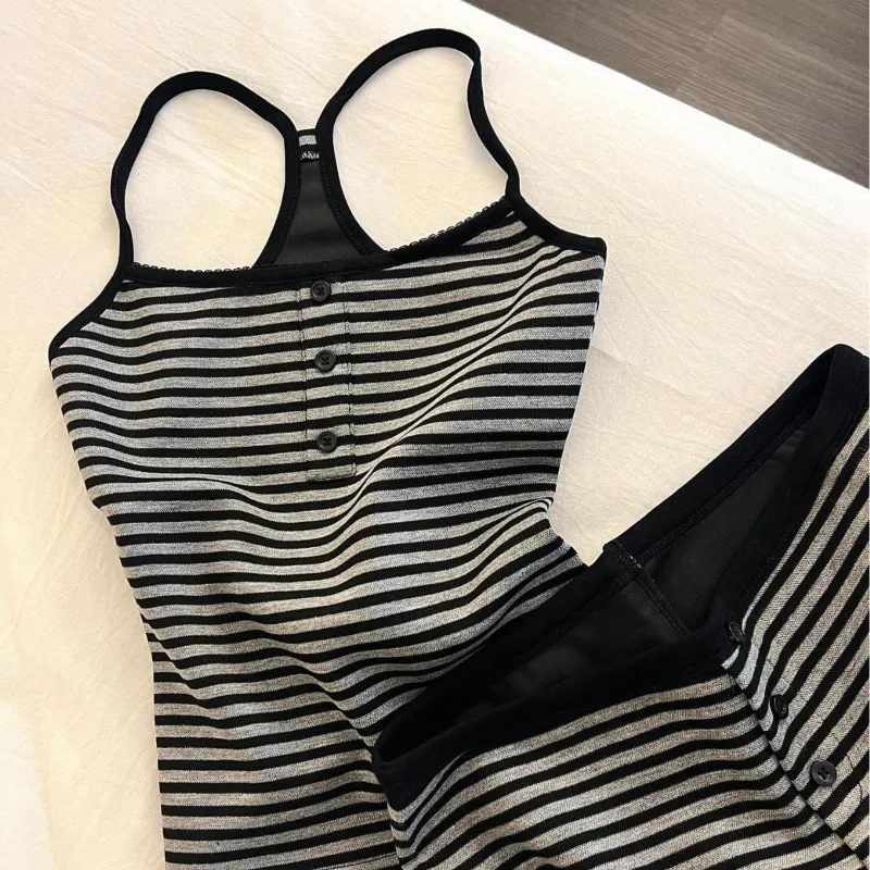 New Summer Women's Fashion: Premium Gray Minimalist Striped Spaghetti-Strap Nightgown and Shorts Set for Young Women