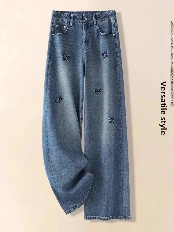 

High Waist Embroidered Casual Straight Leg Jeans Women's Faion Spring Long Pants Wide Leg Retro 2025 Denim