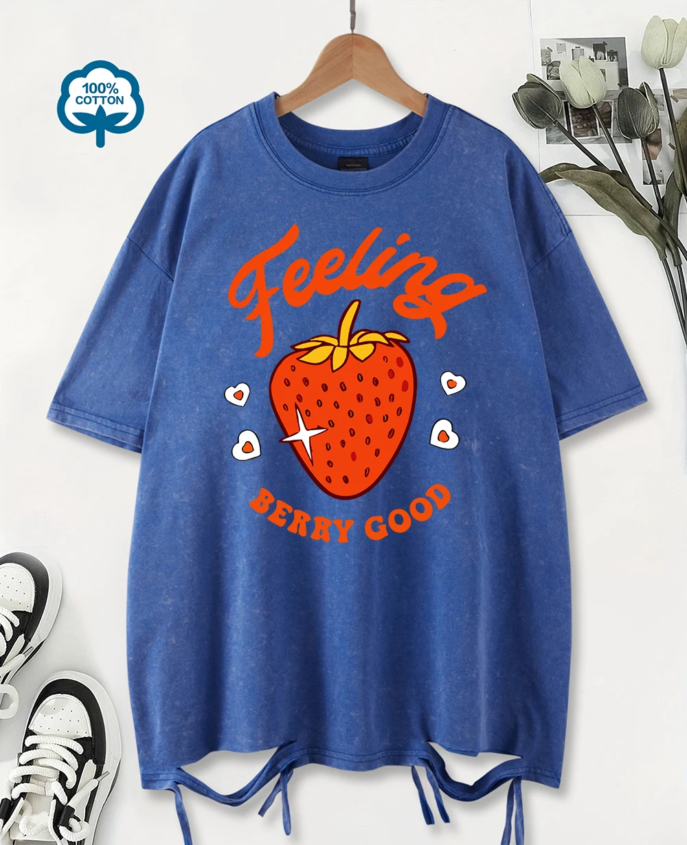 

Feeling Berry Good Strawberry Print Washed Holes T Shirts Women Cotton Hip Hop T-Shirt Soft Loose Clothes Summer Tee Tops