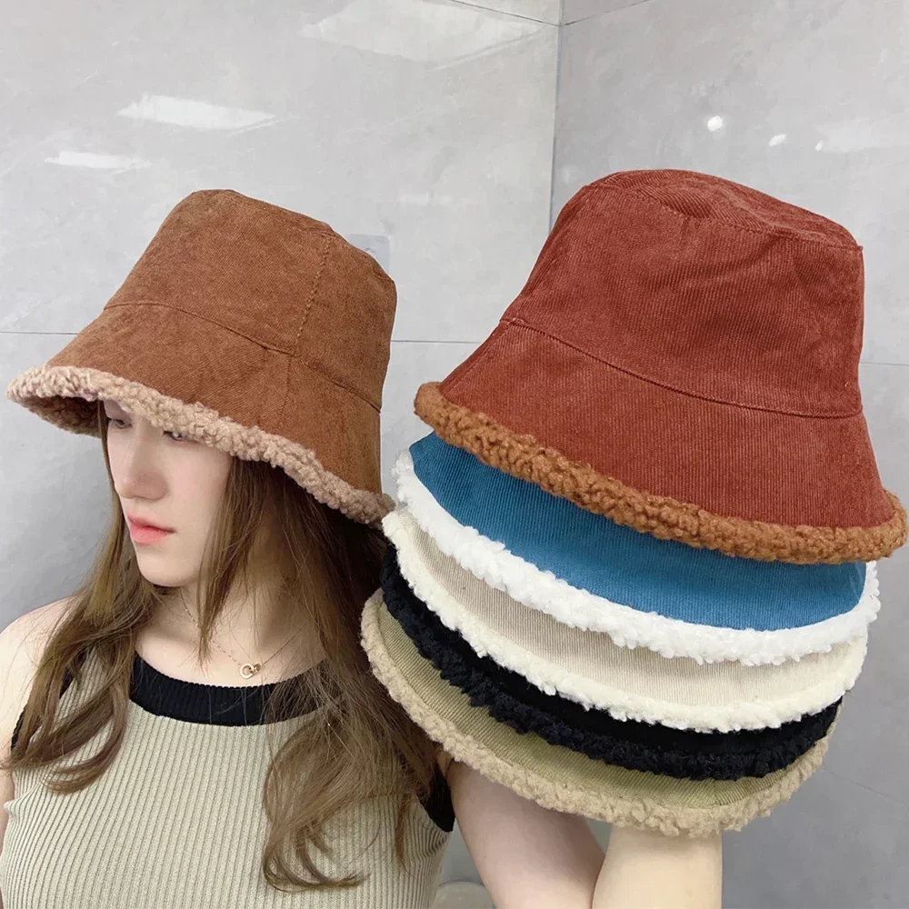 Autumn Winter Warm Bucket Hat Solid Fisherman Hat Corduroy Beanies Hats Reversible Hip-Hip Cap Soft Suede Lamb Wool Hunting Hat