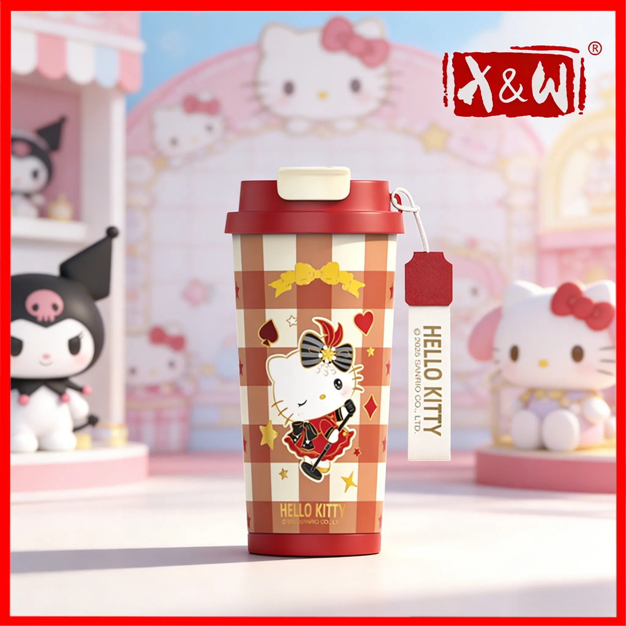 X&W 520mL Sanrio Series Coffee Thermos Cup 316 Stainless Steel Vacuum Flask Kuromi Patterned Straw Cup Waterbottle Office Use