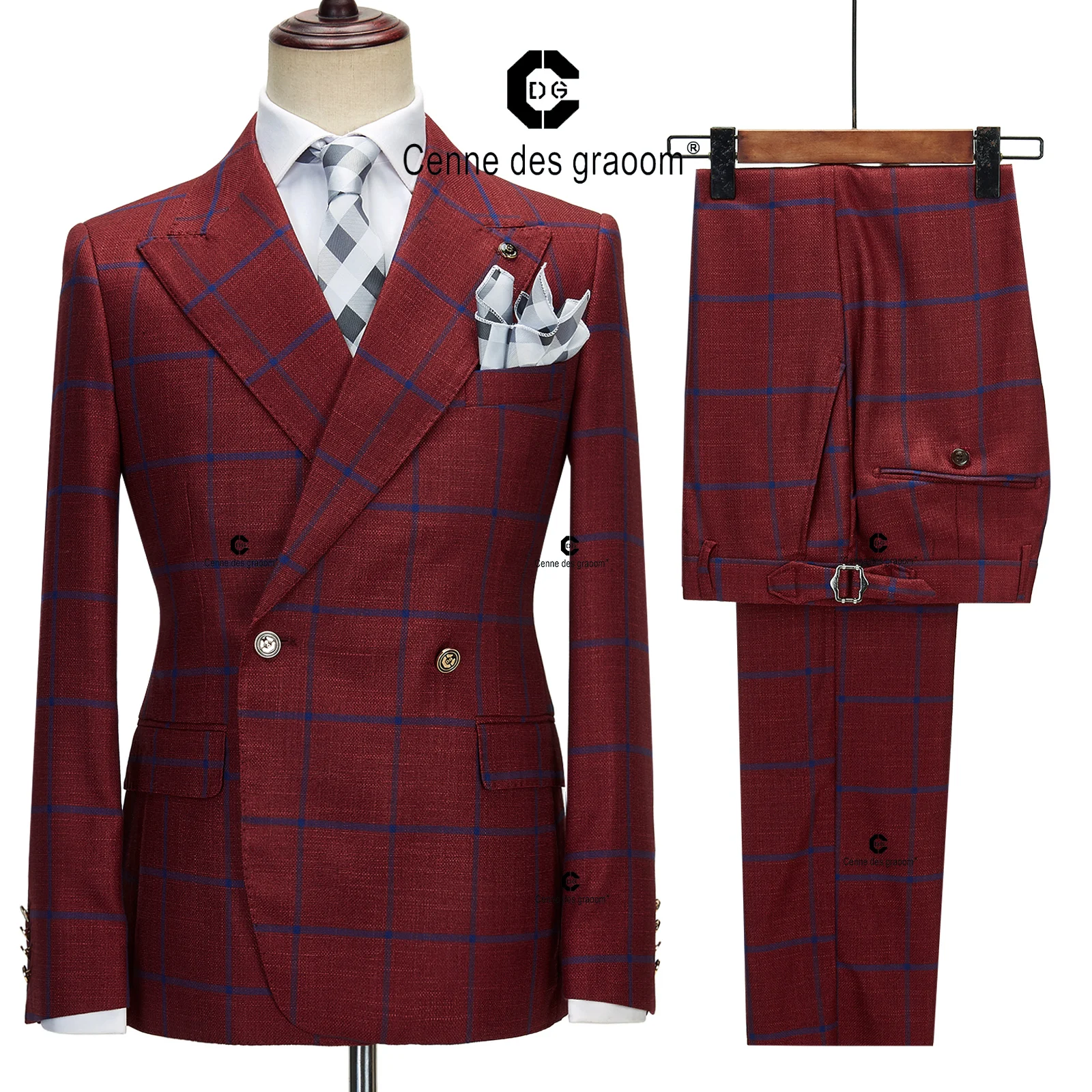 Cenne Des Graoom Red Plaid Double Breasted Suits for Men Jacket and Pants 2pcs Set Wedding Dress Party Classic Costume Homme