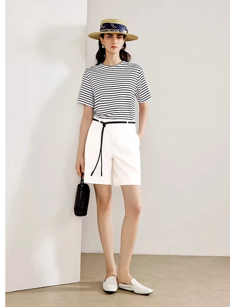 

Женская трикотажная футболка из хлопка Supima с круглым вырезом, темно-синими полосками, удобного кроя, повседневная, с коротким рукавом, базовый узор