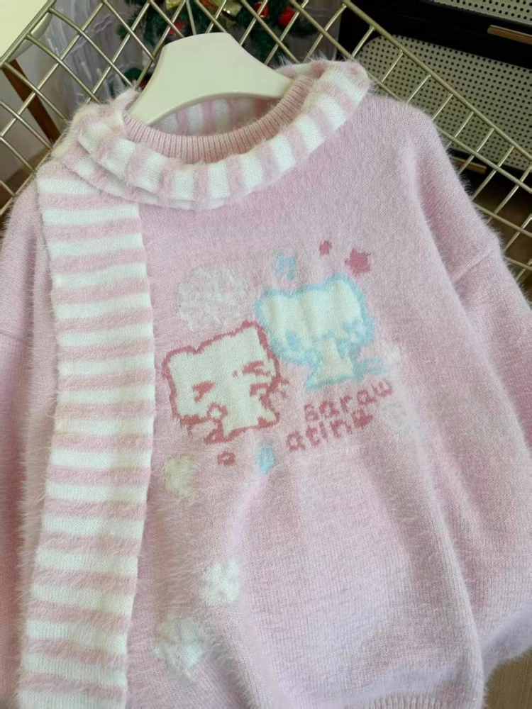 Sweet Cute Kawaii Y2K Women Cartoon Kitty Print Pink Fuzzy Knit Sweater Striped Scarf Loose Fit Winter Warm Casual Lounge Outfit