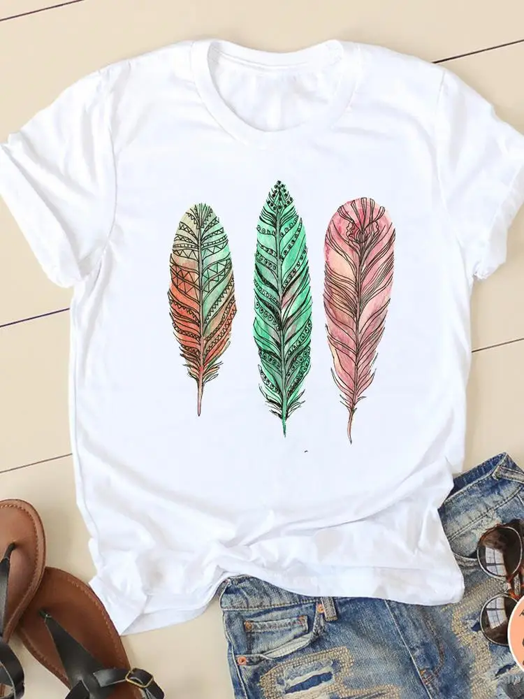 Casual Graphic T-shirt Women Clothes Short Sleeve Lady Fashion Feather Vintage Style Lovely Cute 90s Print Female Shirt Tee