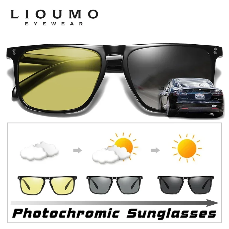 Brand Rivet Square Photochromic Sunglasses Men Polarized Women Driving Sun Glasses Day Night Vision Anti-Glare Zonnebril Heren