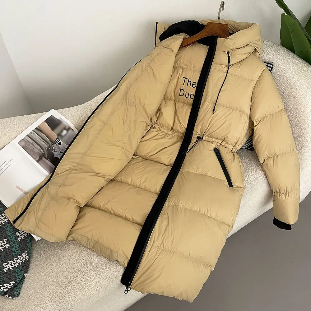 2024 Autumn Winter Fashion Selling Warm Long Hooded Waist Down Jacket Women's Thickened Casual Loose Jacket 90% White Duck Down