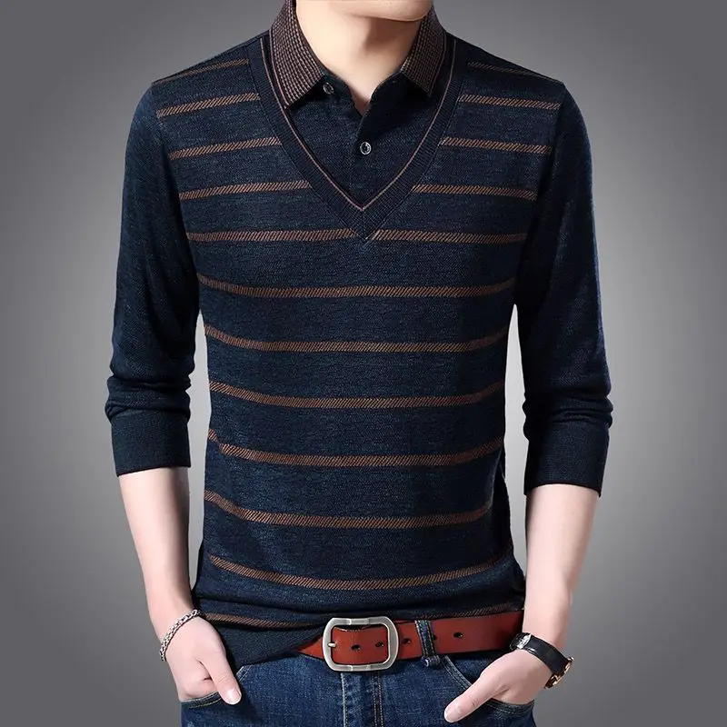 Fashion Vintage Men Knitted Striped Polo Shirts Spring Autumn Male Clothes Business Casual Loose Long Sleeve Basic Versatile Top