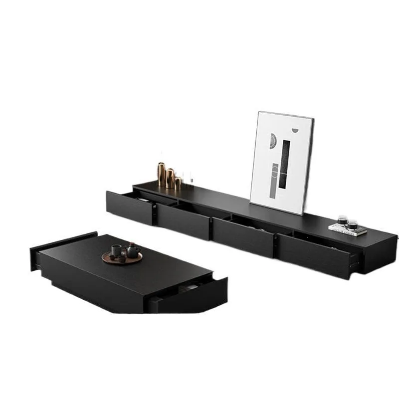 Light Luxury High-End Black Solid Wood Floor TV Cabinet, Modern Simple Coffee Table Combo for Living Room Home