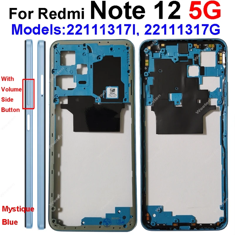 Middle Frame Housing For Xiaomi Redmi Note 12 Note 12 Pro 5G Middle Frame Bezel Holder Cover with Side Buttons Repair Parts