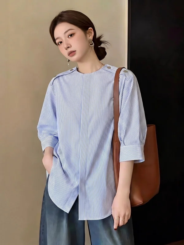 

Elegant Striped Short Sleeve Shirt Women's Summer New plus Size Commute Style Korean Loose Fit round Neck Casual Top