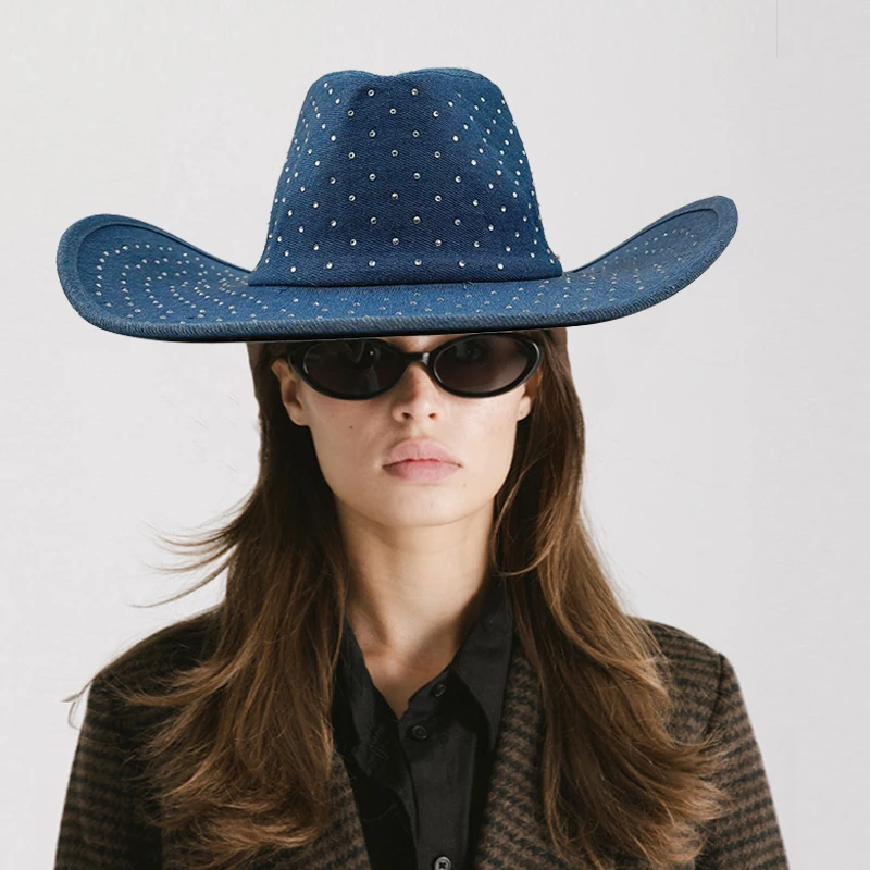 Zachodni kowbojski kapelusz Rhinestone Denim męski kapelusz moda unisex kowbojski kapelusz z dużym rondem rycerz imprezowy kapelusz podróżny 2024