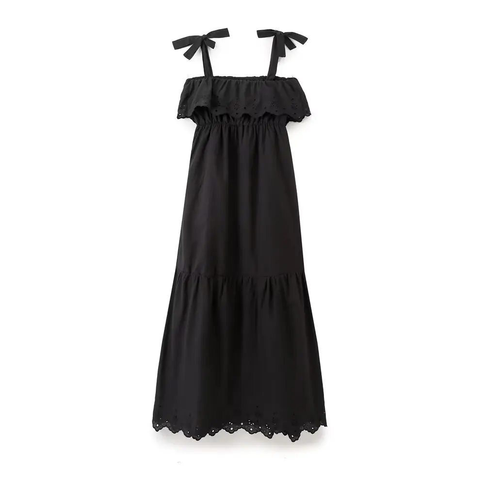 2024 Summer New Fashion Women\'s Street Style Black Hollow Embroidery Suspender Midi Dress European And American Style Long Dress