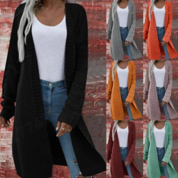 Maglione cardigan lavorato a maglia lungo da donna di media lunghezza in cotone colore casual aperto sul davanti Sle autunno Faion abbigliamento da donna