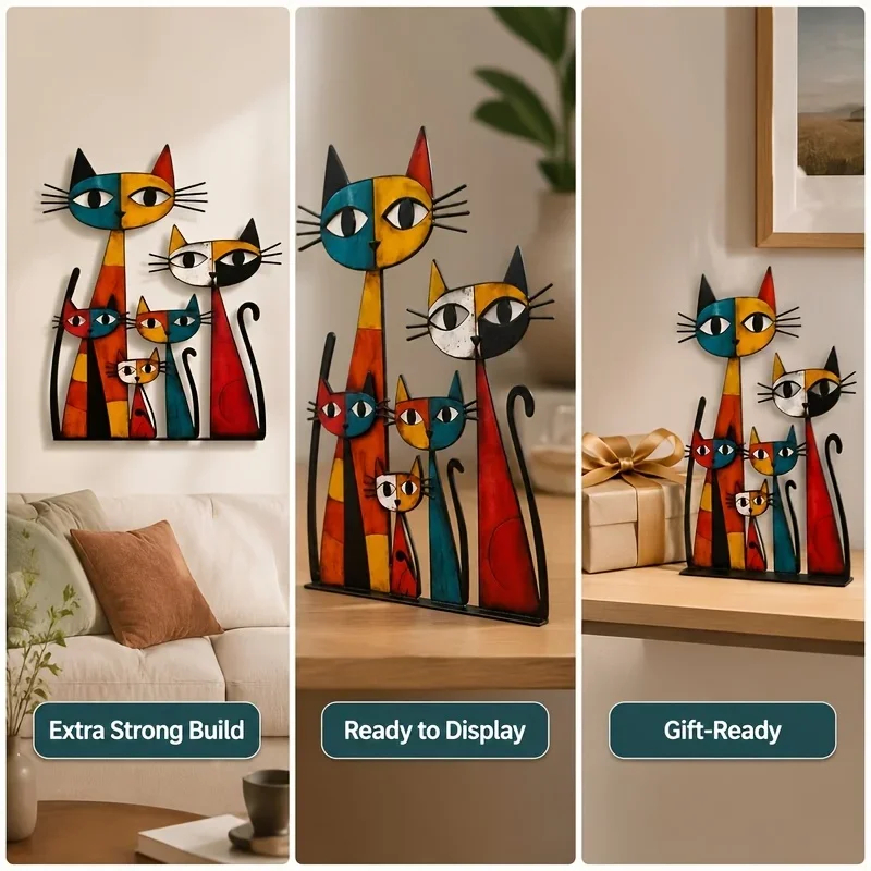 CIFBUY Cat Family Wall Art Abstract Picasso Style Iron Metal Sculpture Modern Decor for Home Living Room Indoor Outdoor Gift