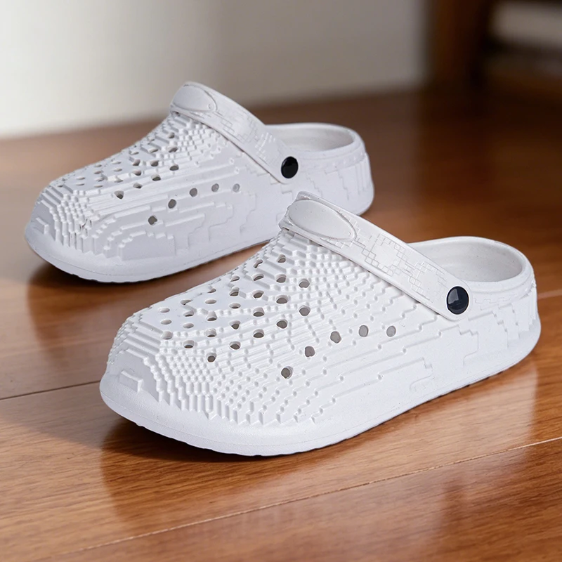 UnisexWhitePixel Hollow Out EVA Clogs Adjustable Heel Strap Non Slip Thick Platform Waterproof Garden Beach Shower Slide Sandals