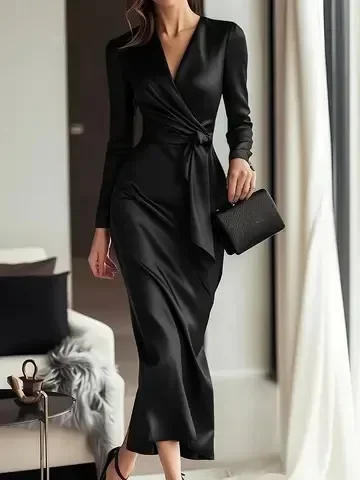 Damen-Wickelkleid mit V-Ausschnitt, Taillenband und langen Ärmeln für formelle Anlässe und Partys – Detail 4