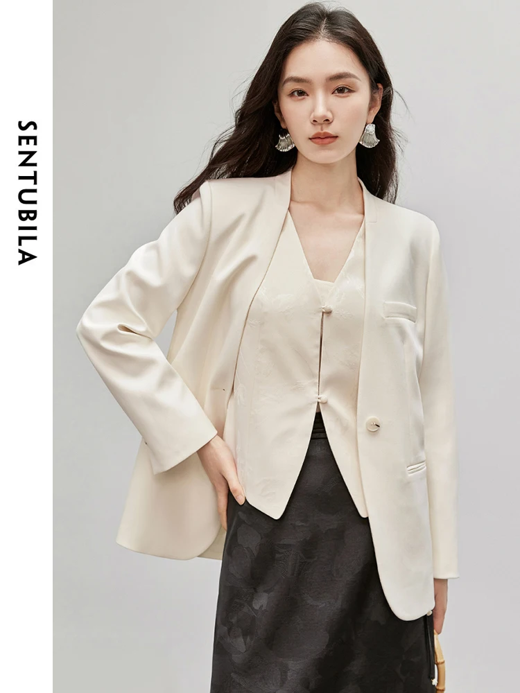 

SENTUBILA Office Lady Work Business Blazers for Women 2024 Autumn Casual Loose Solid V Neck Comfort Women Suits 143X55853