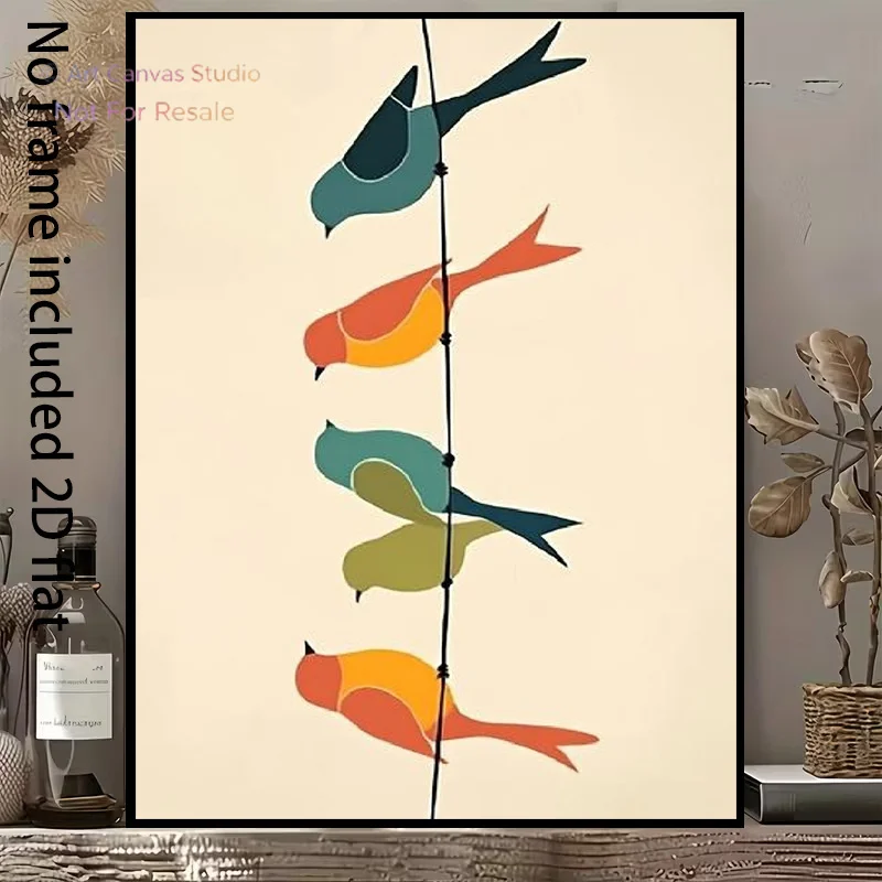 2D Flat, 2D Flat, A 2D Flat Canvas Painting Featuring Colorful Birds Perched on Fine Lines, Showcasing a Minimalist Art Style
