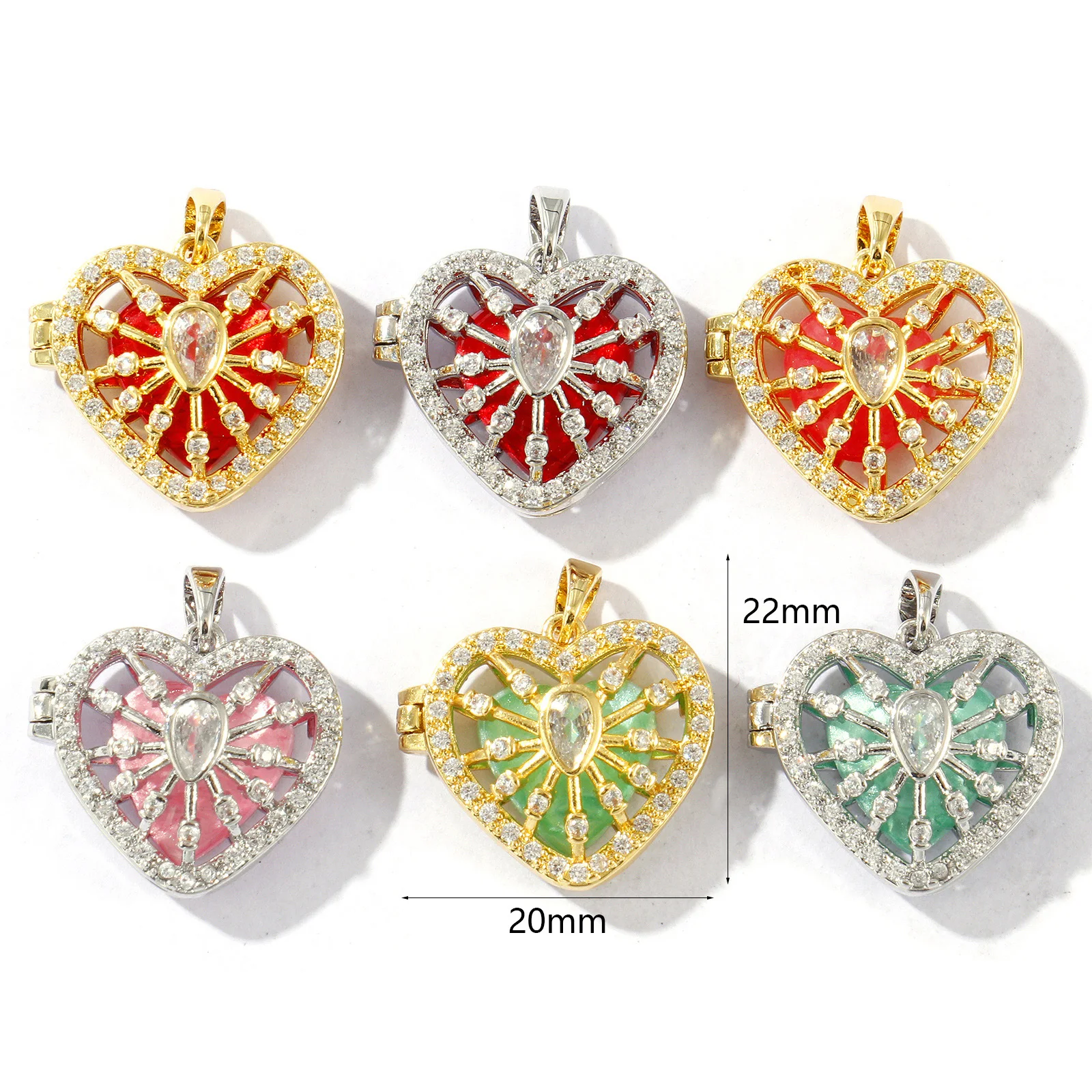 1 Piece Brass & Acrylic Valentine's Day Charms Multicolor Heart Can Open Clear Cubic Zirconia Pendants Necklace DIY 22mm x 20mm